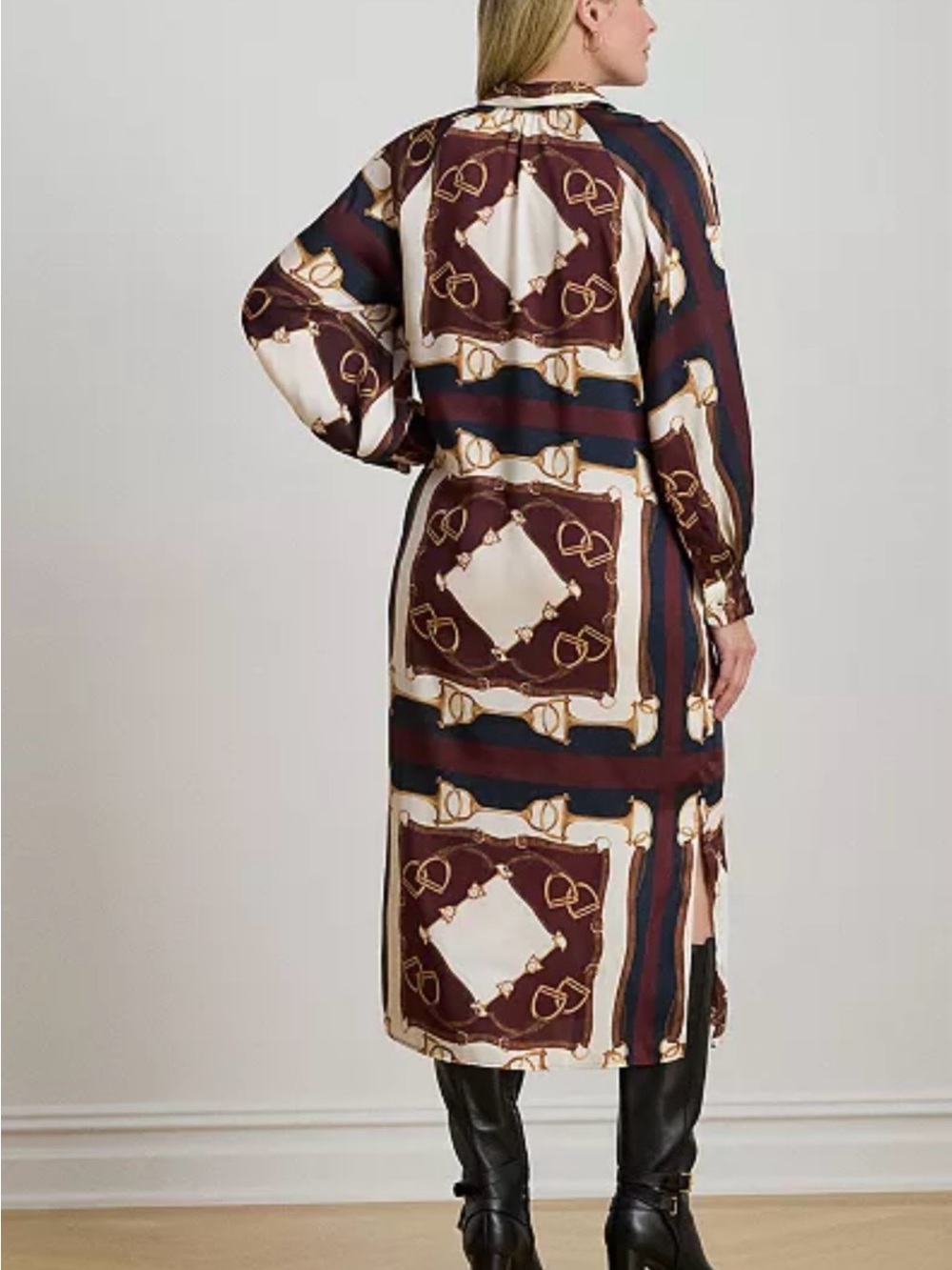 Lauren Ralph Lauren Burgundy and Cream Long Shirt Dress - Picture 2 of 3